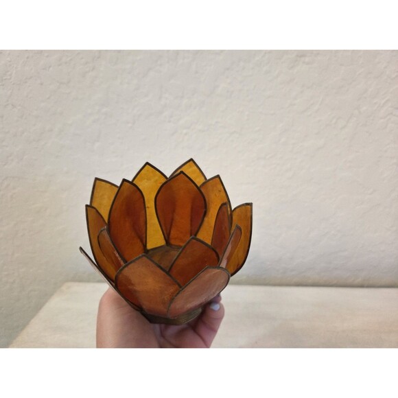 Vintage Capiz Shell Lotus Flower Burnt Orange with Brass Accent Candle Holder - Picture 4 of 12